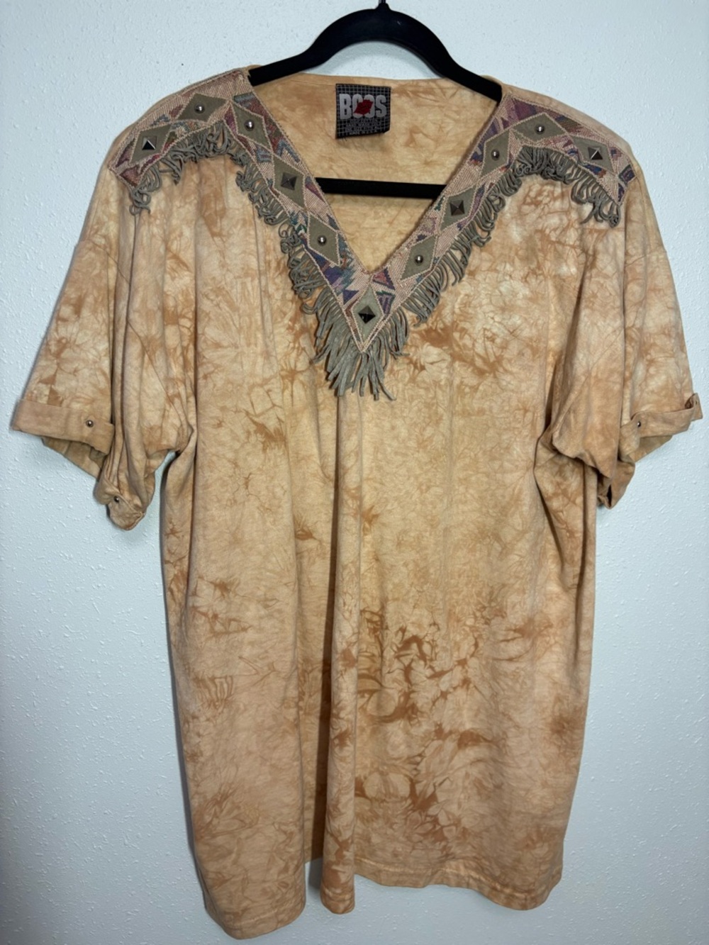 Vintage Beige Tie-Dye Fringe V-Neck women's Shirt